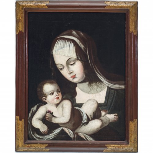 Italien, 18. Jh. Muttergottes mit Kind. Öl/Lw./Holz. 52,5 x 39,5 cm. Rest., unsign.