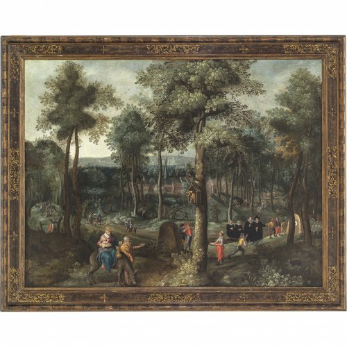 Coninxloo, Gillis van, Nachfolge. Waldlandschaft mit Flucht nach Ägypten. Öl/Lw. 97 x 127 cm. Rest, doubl. Unsign.