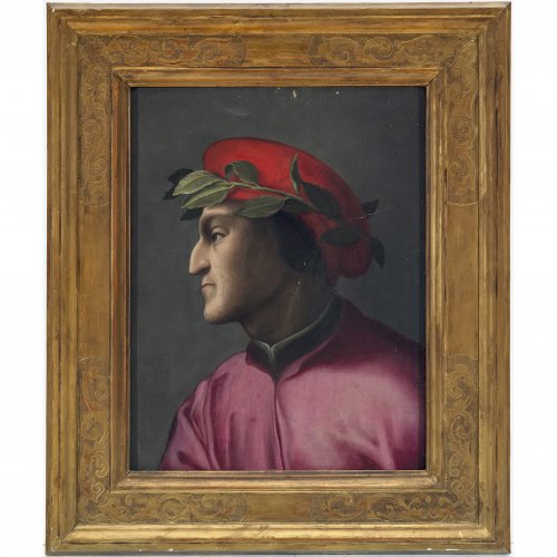 Italien, wohl 16. Jh. Dante Alighieri im Profil. Öl/Holz. 41,5 x 31,5 cm. Leicht besch., rest. Unsign.