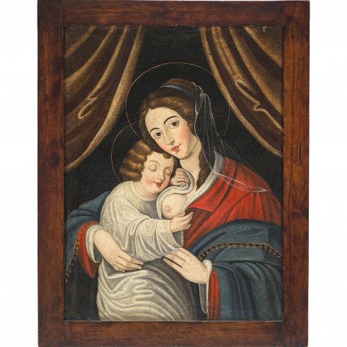 Italien,  17. Jh./19. Jh. Madonna mit Kind. Öl/Lw. 81,5 x 60,5 cm. Rest., doubl. Unsign.