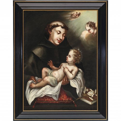 Südtirol, 18. Jh., Blasius Mitterwurzer(?). Hl. Antonius mit dem Jesuskind. 75 x 54,5 cm. Rest., doubl. Unsign.