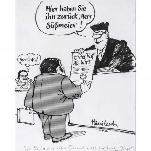Hanitzsch, Dieter. Karikatur über Richard Süßmeier. Tuschpinselzeichnung. 29 x 23,5 cm. Sign. Mit Widmung an Richard Süßmeier von 1985.