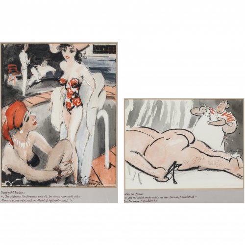 Krisch, Rudolf. Zwei Karikaturen: Genf geht baden und Neu in Bonn (beim Masseur). Mischtechnik. 35 x 32,5 cm und 25 x 34 cm. Sign.