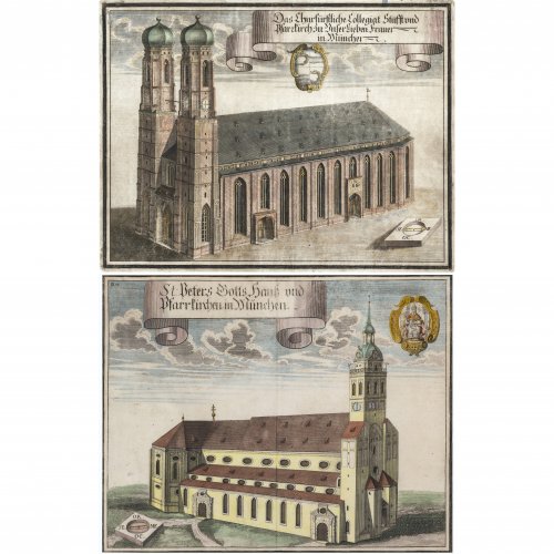 Wening, Michael. Münchner Frauenkirche und Peterskirche. Kupferstiche. 28,5 x 36,5 und 26 x 33,5 cm. Tw. fleckig.