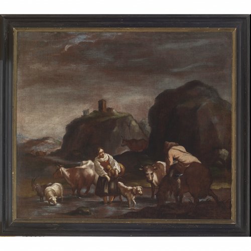 Roos Malerfamilie,  Umkreis. Schäferszene. 103 x 118 cm. Doubl., rest. Unsign.