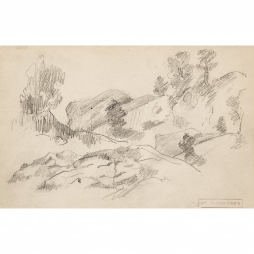 Corinth, Lovis. Bleistiftskizze. Landschaft recto, verso zwei skizzierte Tiere. 13,8 x 21,5 cm. Gestempelt 