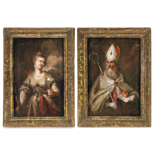 Süddeutsch, 17./18. Jh. Zwei Gemälde: Hl. Barbara und hl. Nikolaus, Öl/Lw./Karton, je 29 x 19 cm.