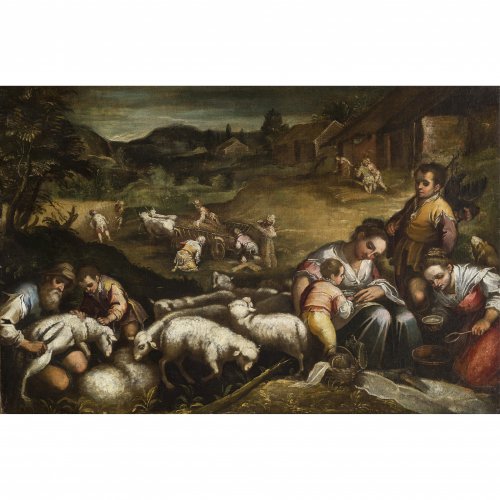 Bassano, Jacopo da Ponte, zugeschrieben. Leben und Schaffen der Bauern auf dem Felde. Öl/Lw. 82 x 116 cm. Doubl., rest., unsign.