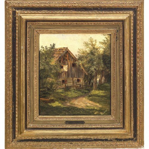 Hartmann, Ludwig. Blick auf ein altes Haus (Mühle?)., mit Weiden. Öl/Holz.  30 x 26,5 cm. Sign., dat. (18)56.