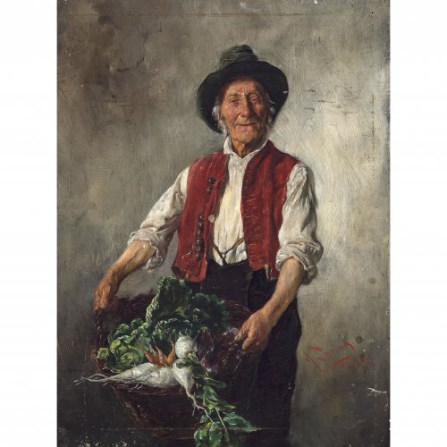 Spring, Alfons. Bauer mit Gemüsekorb. Öl/Holz. Min. Alterungsspuren. 21 x 16 cm. Sign.