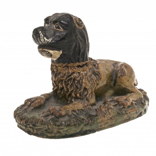 Hund (Scherzgefäß). Keramik, farbig glasiert. Besch., rep. H. 12 cm.