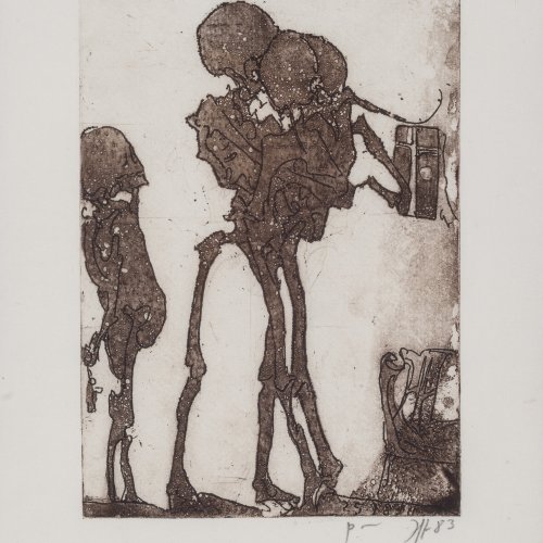 Janssen, Horst. Drei Skelette. Farbradierung. 23 x 17. Monogr., dat. 83.