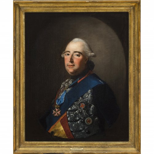 Tischbein d.Ä., Johann Heinrich, Werkstatt. Porträt des Landgrafen Friedrich II. von Hessen-Kassel. Öl/Lw. 85 x 68 cm. Rest., doubl. Unsign.