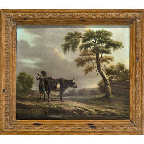 Strij, Jacob van, zugeschrieben. Hirtenknabe mit Stier. Öl/Holz. 27 x 33 cm.