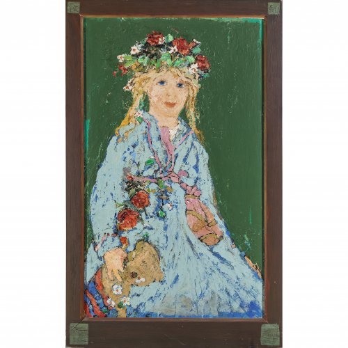 Kühlewein, Bernhard. Mädchenporträt im Kostüm der Landshuter Hochzeit. Öl/Spanplatte. 92 x 55 cm. Unsign.