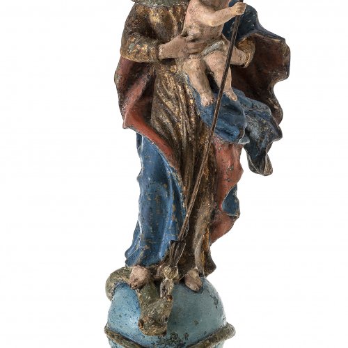 Maria vom Siege. Süddeutsch, 18. Jh. Holz, übergangene Farbfassung. Rest., erg. H. 35 cm.