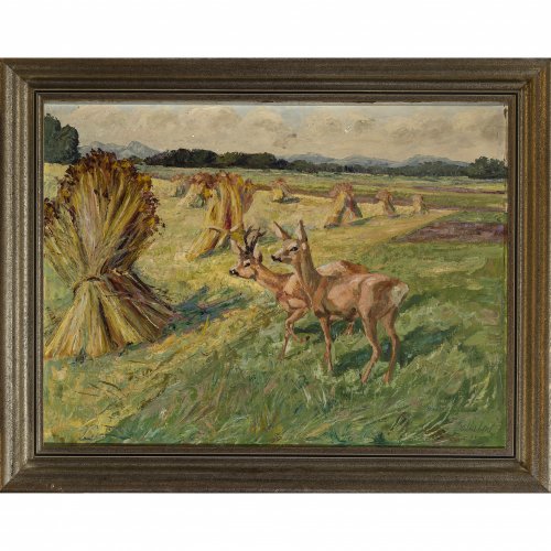 Ballabene, Rudolf Raimund. Rehe in Voralpenlandschaft vor Heumandeln. Öl/Lw. 75 x 100 cm. Sign.