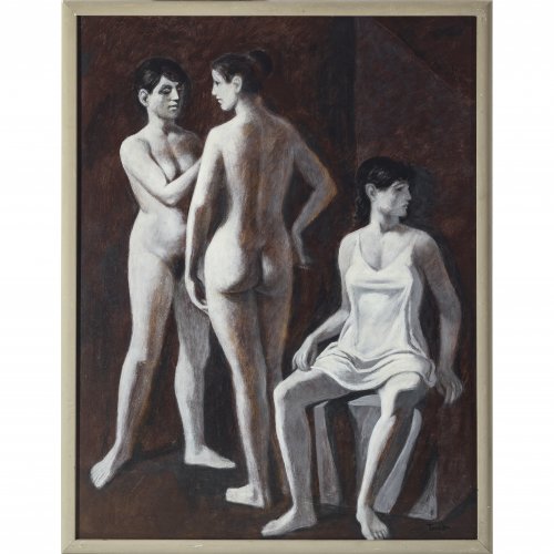 Fuchs, Otto. Zwei stehende Mädchenakte und ein sitzendes Mädchen in einem Kleid. Öl/Hartfaser. 65 x 50 cm. Sign.