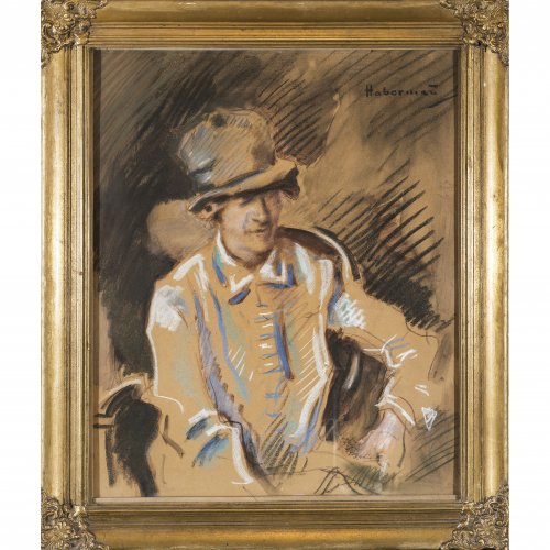 Habermann, Hugo von. Junges, elegantes Mädchen mit schickem Hut. Patell. 57 x 46,2 cm. Sign.