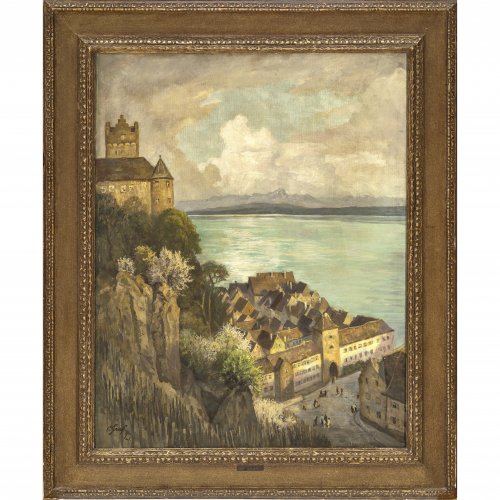 Graf, Oscar. Burg über einer Altstadt am See. Öl/Lw. 90 x 73 cm. Sign.