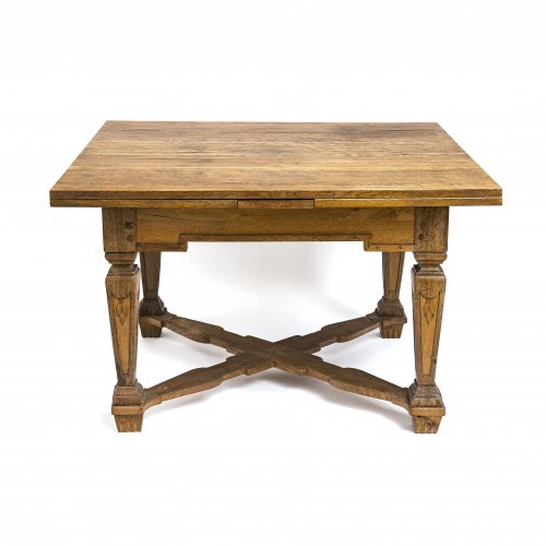 Ausziehtisch. Eiche, massiv. 77 x 119 (+ 2 x 50 cm) x 100 cm.