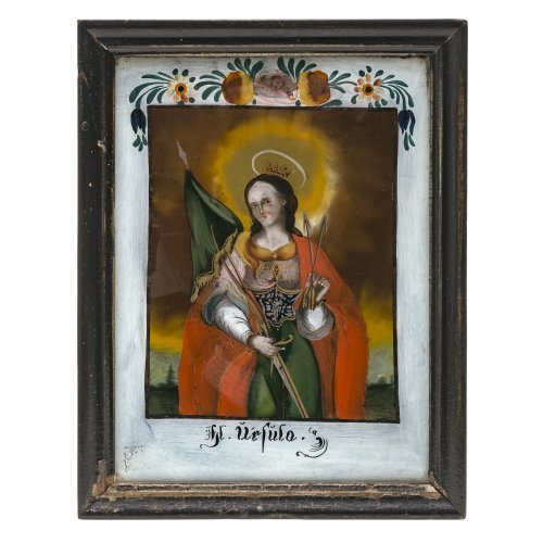 Hinterglasbild. Hl. Ursula. Seehausen, 19. Jh. 24 x 17,5 cm.