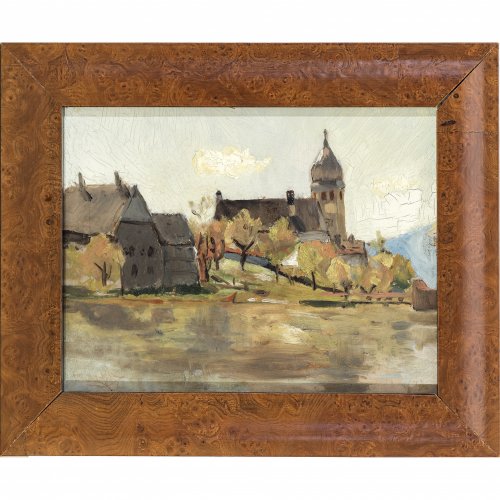 Raupp, Karl. Fraueninsel mit dem Turm des Klosters Frauenwörth. Öl/Karton. 18,5 x 24 cm. Sign., rücks. bez.