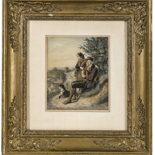 Schmelzer, Johann Bernhard. Rast am Höhenweg. Aquarell. 16 x 13,5 cm. Sign., dat. 1896.