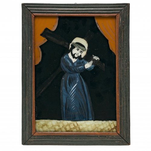 Hinterglasbild. Buchers oder Sandl, 19. Jh. Das Kreuz tragender Christus. Rückwand erg. Tempera/Glas. 27,5 x 19 cm.