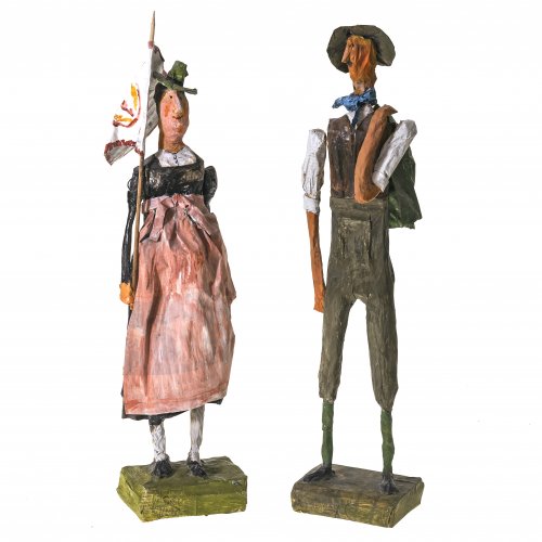 Barbara Ludin. Zwei  Trachtenfiguren. Papiermaché, farbig bemalt. H. 50-52 cm.