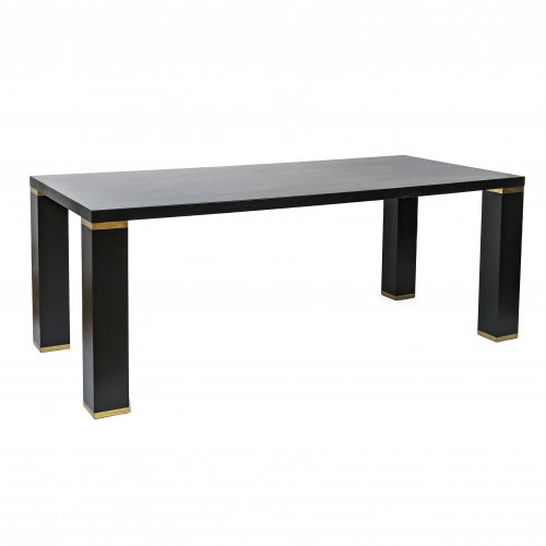Tisch. Ende 20. Jh. Rüster, furniert, schwarz lackiert, Blockfüße oben und unten mit Goldleiste eingefasst. 76 x 200 x 90 cm.