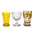 Zwei Becher, ein Kelchglas. Farbloses Glas, eines gelb überfangen, eines mit Flächenätzdekor und Schliffdekor Gelb und Ocker bemalt. H. 13-14,5 cm.