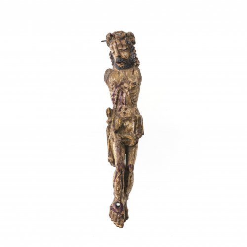 Corpus Christi. Holz, Farbfassung. Besch., ohne Arme. H. 28 cm.
