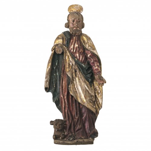 Holzrelief des hl. Lukas. Süddt., 18. Jh.  Evangelist Lukas mit seinem Attribut dem (geflügelten) Stier. Übergangene Farbfassung. Best. und rest. Rechter Arm und Finger der linken Hand fehlend. H. 46 cm.