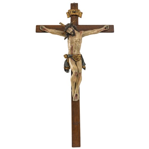 Christus am Kreuz. Süddeutsch, 18./19. Jh. Holz, übergangene Farbfassung. Rest. H. Corpus ca. 60 cm.