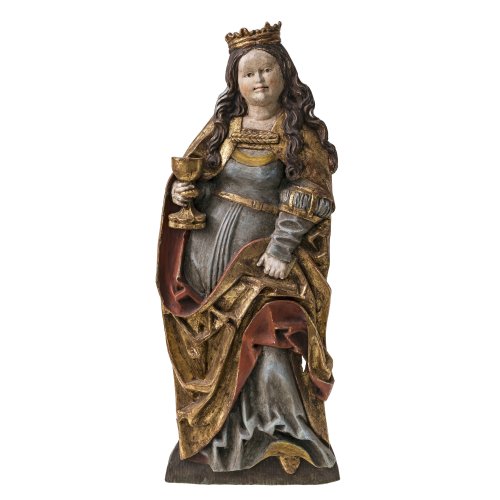 Relief der hl. Barbara. Im Stil des 16. Jh. Holz, übergangene Farb- und Goldfassung. Leicht best., rest. H. 70 cm.