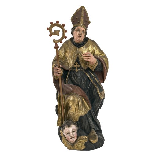 Relief eines hl. Bischofs. Süddeutsch, 18. Jh. Holz, übergangene Farb- und Goldfassung. Besch., Stab erg. H. 85 cm.