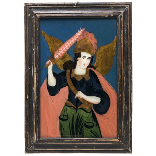 Hinterglasbild. Buchers oder Sandl. Erzengel Michael. Tempera/Glas, 29,5 x 19 cm.