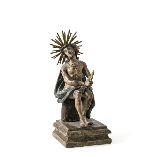 Christus in der Rast. Süddeutsch. Holz, Farbfassung. Alterungsspuren. H. 19 cm.