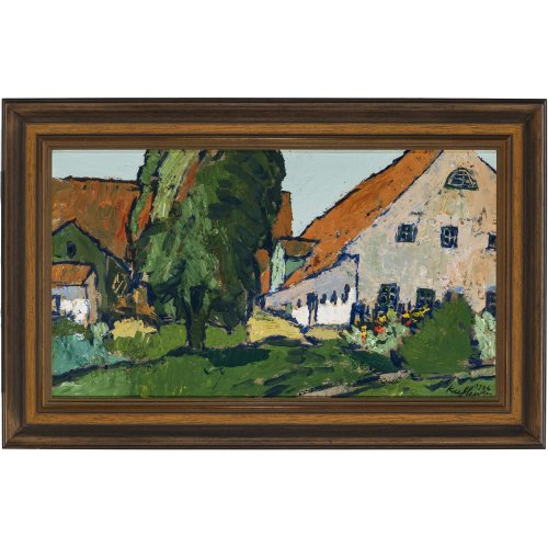 Kühlewein, Bernhard. Gehöft in Landschaft. Öl/ Karton. 35,5 x 61,5 cm. Rücks. sign., dat.