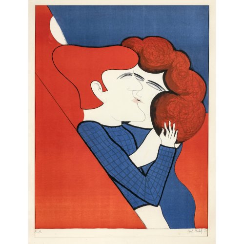 Imhof, Karl. Küssendes Liebespaar, Lithografie. Sign., dat. 71. 70 x 52 cm.
