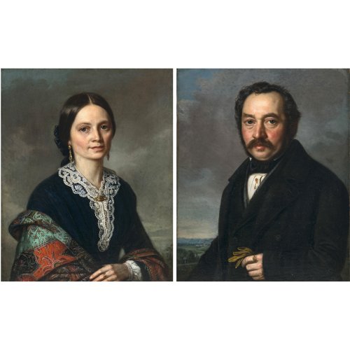 Valentin, Joseph. Zwei Porträts: Rosina Haller und ihr Gemahl Josef Haller. Öl/Lw. Je ca. 40 x 32 cm. Rückseitig bez., dat. 1856.