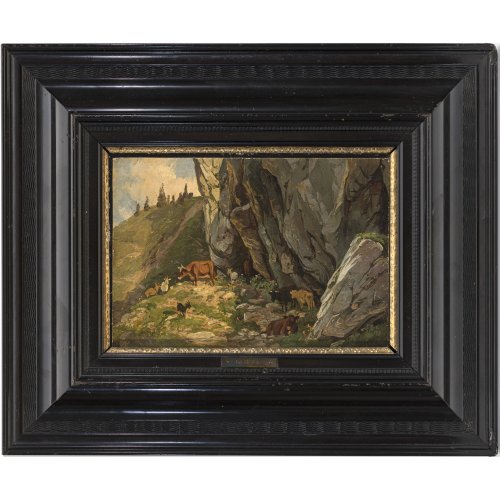 Voltz, Friedrich. Weidevieh in den Alpen. Öl/Papier/Karton. 20 x 28,5 cm. Sign., rücks. Nachlassstempel.