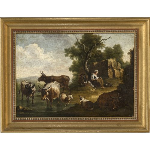 Süddeutsch, 18./19. Jh. Hirtin mit Weidevieh. Öl/Lw. 42 x 59 cm. Rest., unsign.