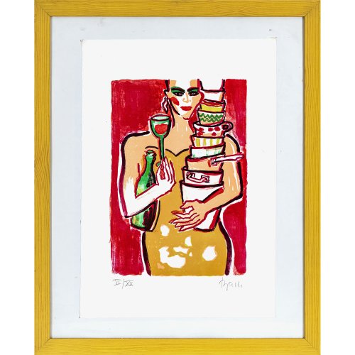 Bach, Elvira. Frau mit Flasche und Küchengeschirr balancierend. Farblithografie. 42 x 29,3 cm. Aufl. 6/20. Sign.