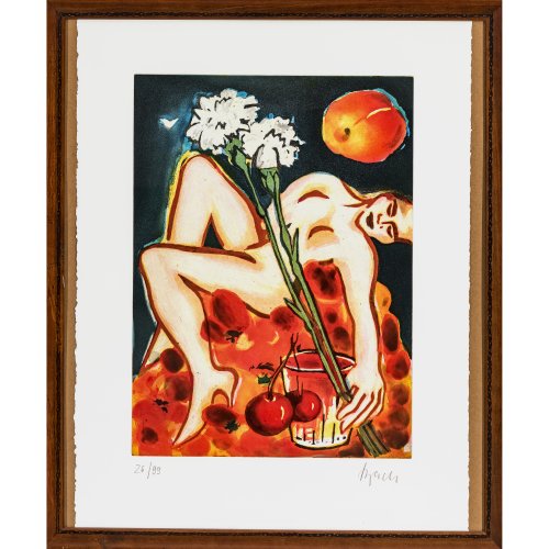 Bach, Elvira. Frau mit Nelkenstängeln, Glas und Kirschen, darüber ein Pfirsich. Farblithografie. 44 x 32,5 cm. Aufl. 26/99. Sign.