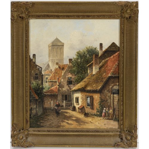 Roosdorp, Frederik. Niederländische Ortschaft. Leicht besch., Craquelé. Öl/Lw. 35 x 30 cm. Sign.