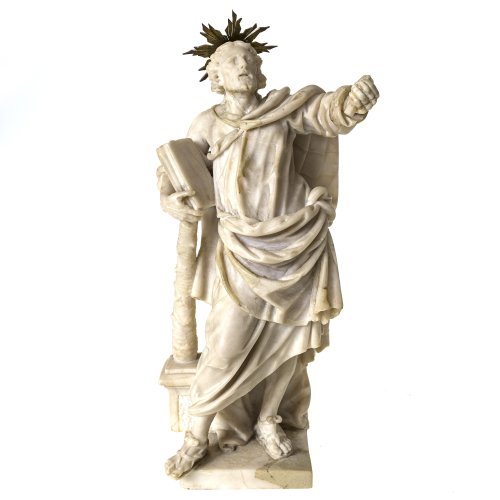 Hl. Judas-Thaddäus. Deutsch, 18. Jh. Stehend mit Buch und Keule. Alabaster. Zweites Attribut fehlt. Best., rep. H. 28 cm.