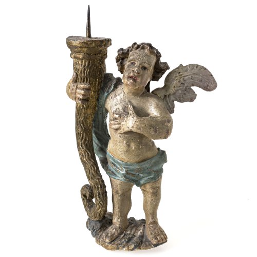 Leuchterengel. Alpenländisch, 19. Jh. Holz, übergangene Farbfassung. Best., H. 43 cm.