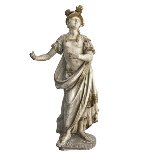 Hl. Florian. Bayern, 18. Jh. Holz, übergangene Fassung. Best., rep. Attribute fehlen. Ein Zeh fehlt. H. 114 cm.